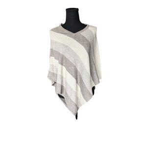 100% Cashmere Poncho Sweater Neutral Stripe Quiet Luxury Capsule OS W8